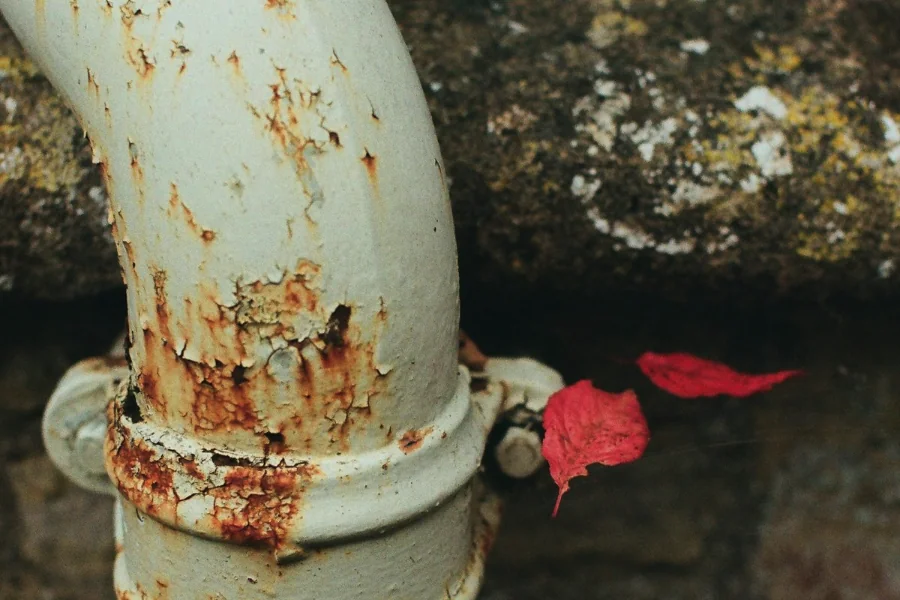 Rust streaks and peeling paint on an aging downspout elbow