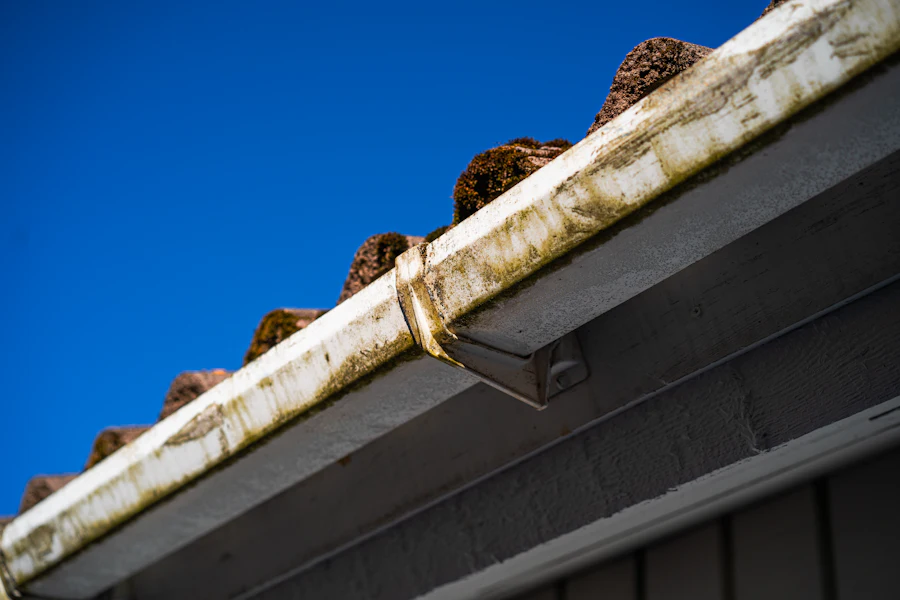 Moss and debris built up along a white gutter under a tile roof edge